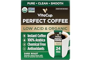 VitaCup Perfect Low Acid Instant Coffee Packets, Dark Roast Coffee, USDA Organic & Fair Trade, Third Party Tested for Mycotoxins & Pesticides, Single Origin, Clean & Pure, 24 ct