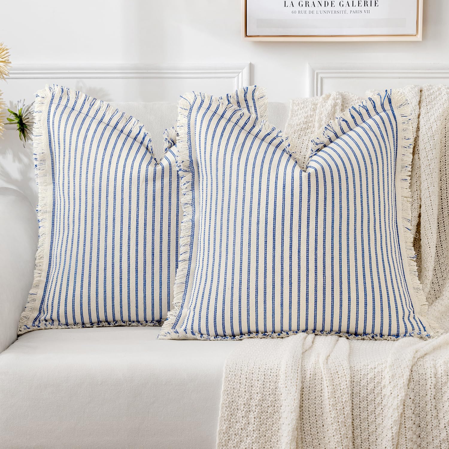 MIULEE Pack of 2 Royal Blue Pillow Covers 20x20 Inch Striped Farmhouse Couch Throw Pillow Covers with Fringe Chic Linen Decorative Cushion Covers for Sofa Living Room Bed Outdoor Home Decor