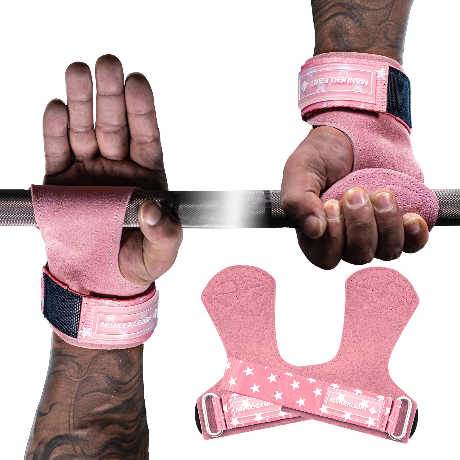 MANUEKLEAR Gym Straps Weight Lifting, Double Leather Lifting Straps for Men Deadlift with Cushion Wrist Loop, Gym Lifting Wrist Wraps for Weightlifting (Pink)