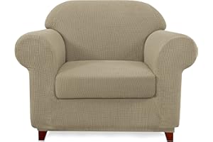 subrtex Stretch Chair Covers 2 Piece 1 Seater Armchair Couch Sofa Cover Washable Furniture Protector with Elastic Bottom for Kids, Pets(Sand,Armchair)