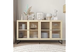 AVZEAR Sideboard Buffet Cabinet, Kitchen Buffet Cabinet with 4 Doors and Adjustable Shelves, Freestanding Storage Cabinet Accent Cabinet for Kitchen, Living Room, Hallway (Natural)