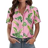 Zeagoo Vacation Tropical Plant Print Short Sleeve Casual Shirt Cute Summer V Neck Button Down Blouse