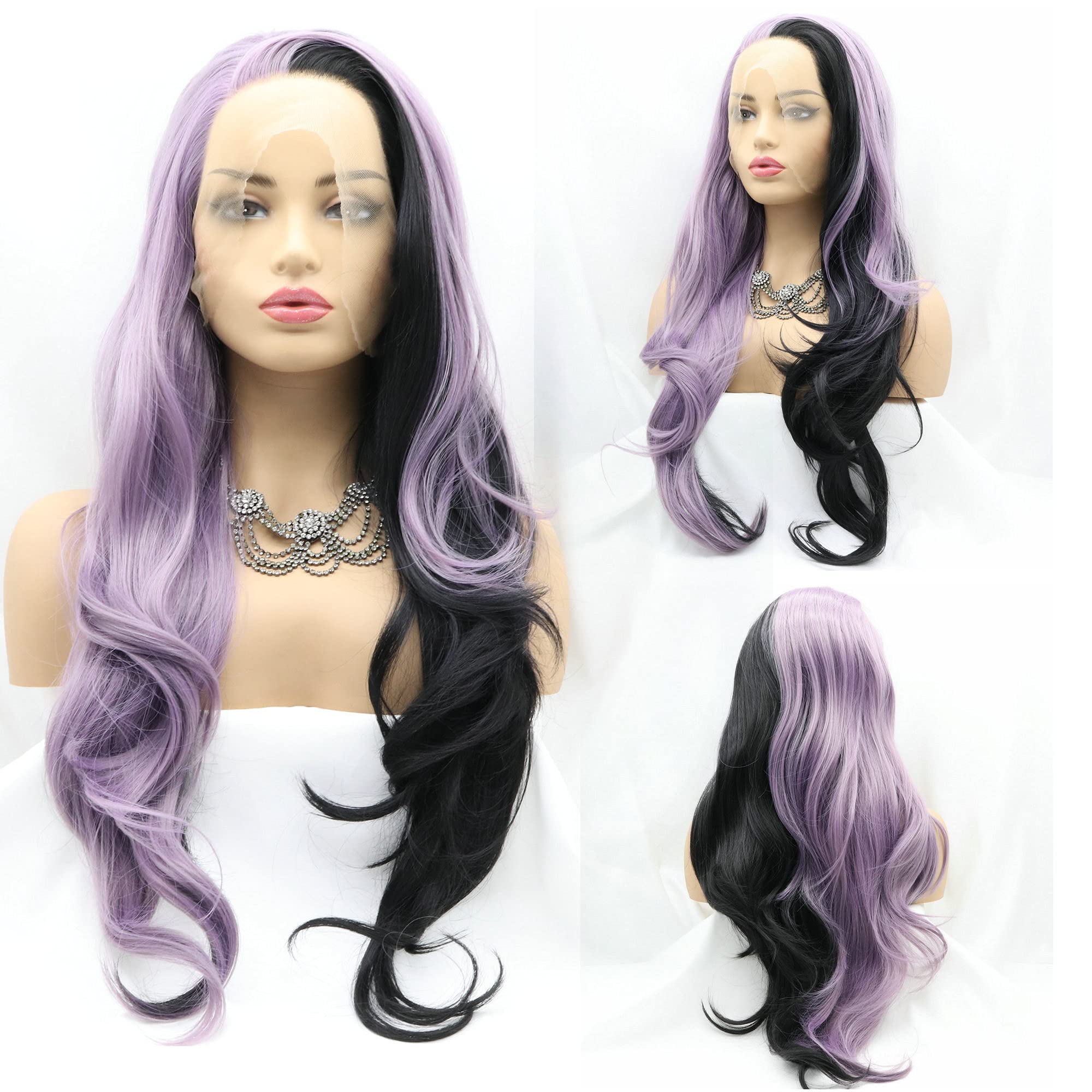 RainaHair 26inch Half Purple Half Black Lace Front Wigs for Women2Tone Long Wavy Side Part Synthetic Wig Heat Resistant Fiber Hair