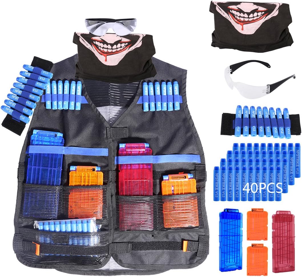 bfeem Vest for Nerf, Kids Tactical Vest Tactical Jacket for Nerf Blasters N-Strike Elite Series + 40 Pcs Foam Darts + Wrist Band + Protective Glasses + 4 Pcs Quick Reload Clip for 12 Darts(2Pcs) and 6 Darts(2Pcs) + Face Cover