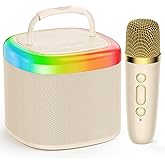 JYX Mini Karaoke Machine for Kids - Beige Bluetooth Speaker with Party Lights and 1 Wireless Microphone, Great for Kids and Adults, Ideal for Family Home Parties and Birthday