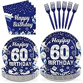 96Pcs 60th Birthday Party Decorations Blue and Silver Plates and Napkins Disposable Blue Silver 60 Years Old Paper Tableware Set for Men Women 60th Birthday Anniversary Party Supplies, Serves 24