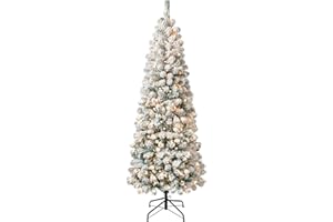 National Tree Company 6 ft Pre-Lit Flocked Acacia Slim Artificial Christmas Tree, 250 Clear Lights, 512 Tips, Includes Stand, Green