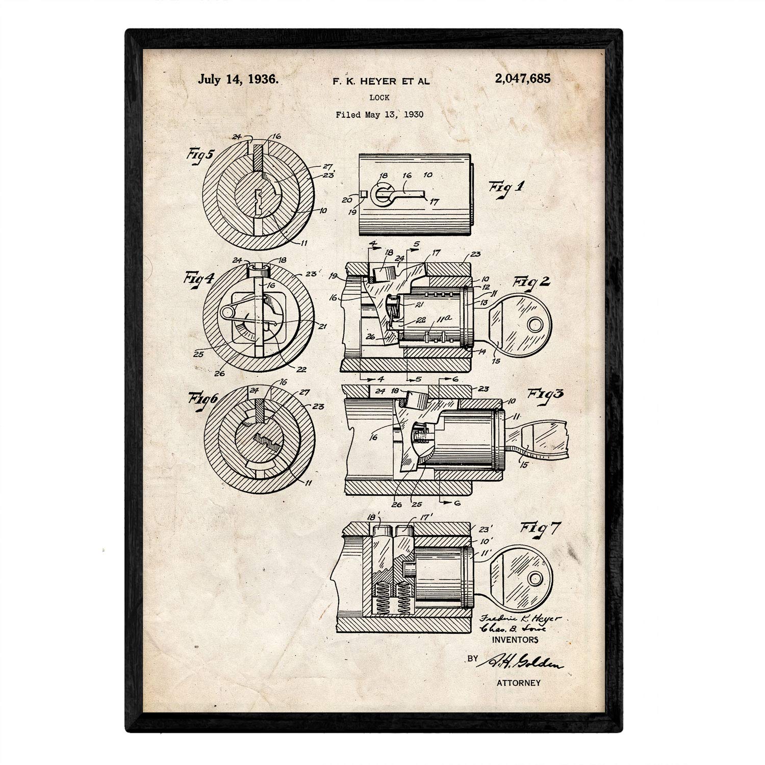 Nacnic Poster patent Lock. Sheet with old design patent in A3 size and vintage background