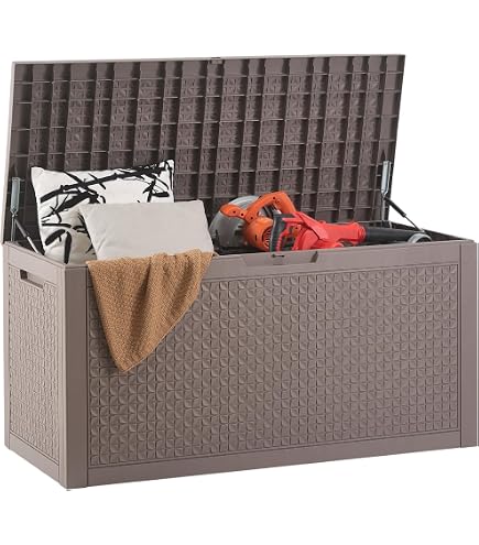 31 Gallon Patio Garden Storage Greesum 31-Gallon Resin Deck Box - Outdoor Storage For Patio Furniture & Garden Tools, Light Coffee Outdoor Resin Deck Box