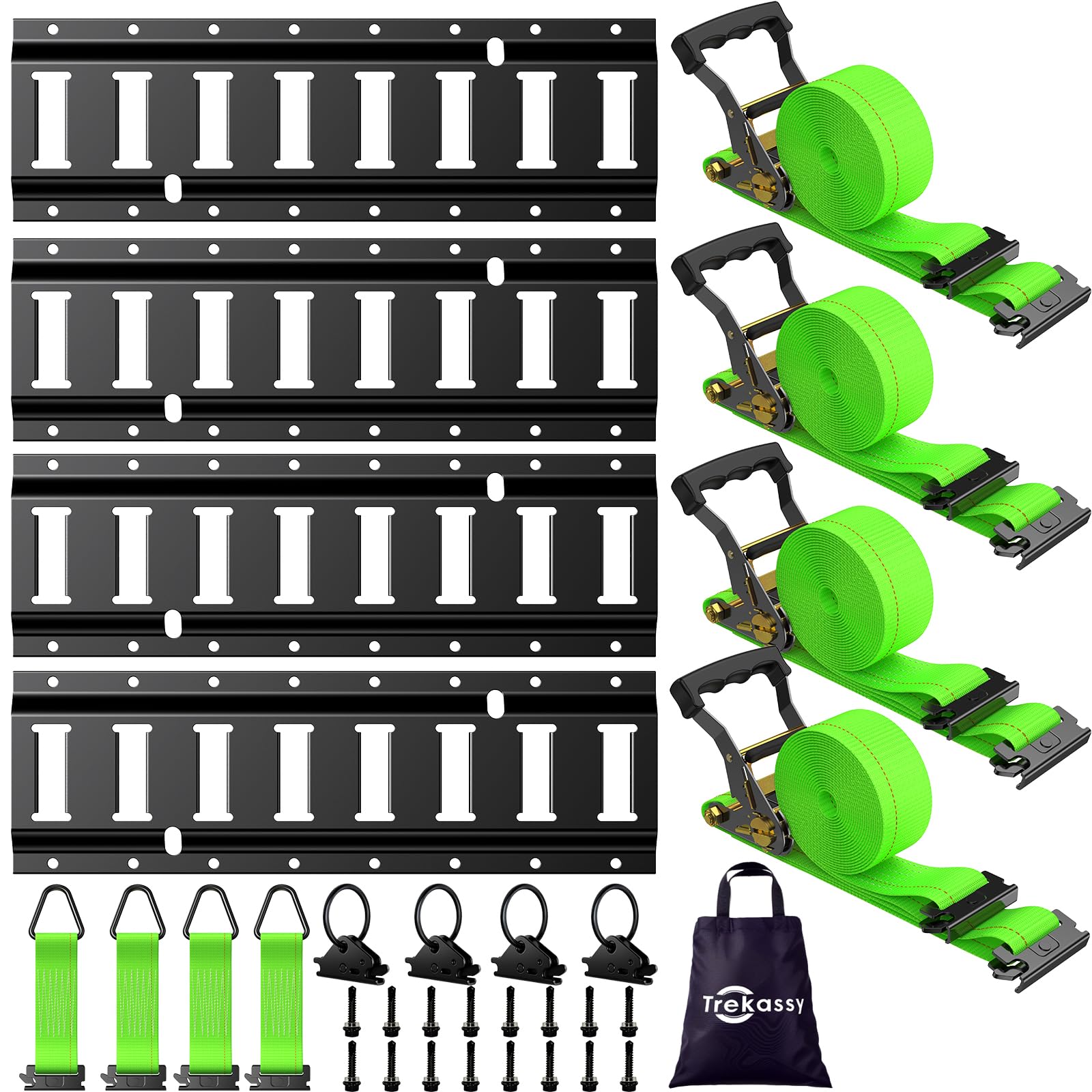 Photo 1 of Trekassy E Track Tie-Down Rail Kit, 4 Pack 16" Etrack Rails with 12PCS E-Track Accessories Including 4 Ratchet Straps, 4 Steel O-Rings and 4 Rope Tie Offs for Truck Bed, Trailers