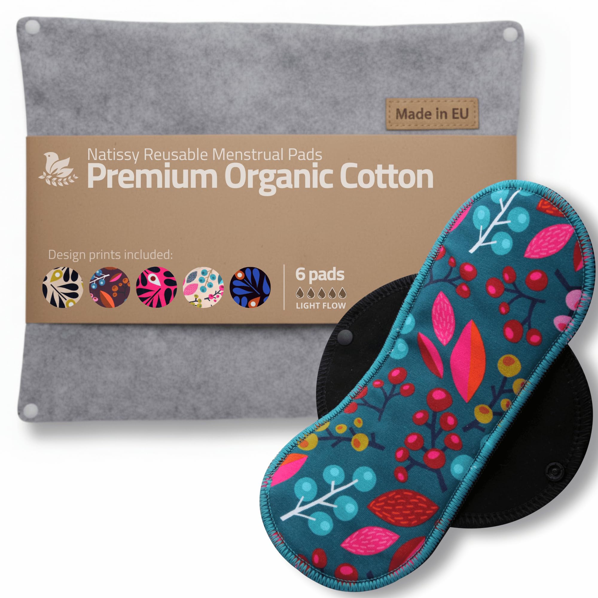 Made in EU – Reusable Sanitary Pads for Light Flow (6 Pack, S+M) – High-Temp Washable, Durable Cloth Period Pads for Women & Teens – Breathable Organic Cotton & Secure-Fit for Menstrual Comfort