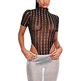 WDIRARA Women's Striped Mesh High Cut Stand Collar Short Sleeve Sexy One Piece Bodysuit