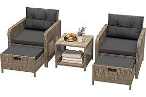 LHBcraft Balcony Furniture 5 Piece Wicker Patio Furniture Set, Outdoor Hand-Woven Rattan Lounge Chairs with Tempered Glass Coffee Table, Ottomans & Soft Cushions for Front Porch, Garden, Black