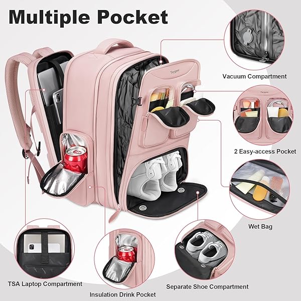TAYGEER VACUUM BACKPACK, EXPANDABLE VACUUM SEAL CARRY ON BACKPACK WITH RAIN COVER, 17” LAPTOP COMPRESSION BACKPACKS TRAVEL WITH SHOE COMPARTMENT, TSA APPROVED PERSONAL ITEM COMPRESSION BACK PACK,PINK