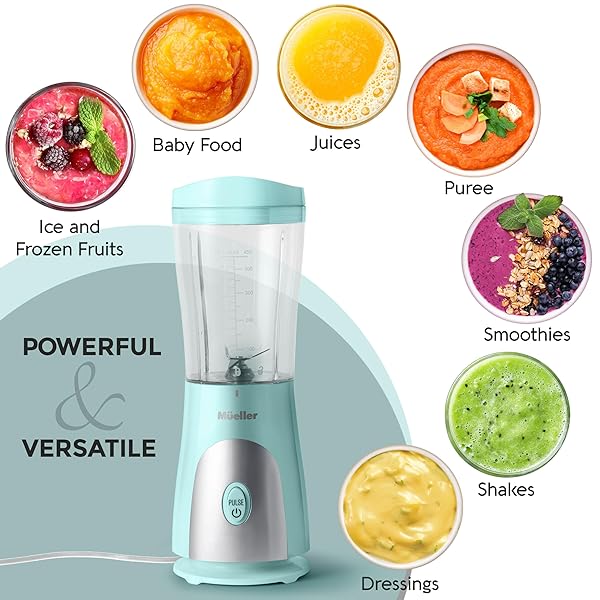 MUELLER PERSONAL BLENDER FOR SHAKES AND SMOOTHIES WITH 15 OZ TRAVEL CUP AND LID, JUICES, BABY FOOD, HEAVY-DUTY PORTABLE BLENDER & FOOD PROCESSOR, TURQUOISE