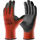 COOLJOB 12/60 Pairs Safety Work Gloves Pack Bulk with Grip PU Coating, 13 Gauge Seamless Knit Gloves with Polyurethane Dipped for Warehouse Working, Breathable Lightweight for Men Women, Red Medium