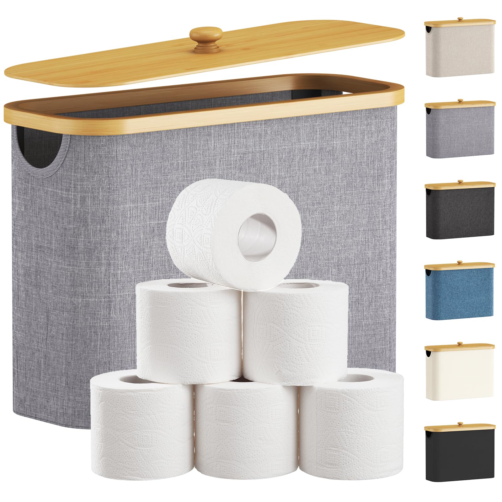 Lifewit Toilet Roll Storage, Bathroom Storage Box Holder Stand with Lid, Bamboo Multifunctional Toilet Paper Basket Cabinet with Handle, Grey, 23L