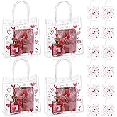 Aliceset 24 Pcs Valentines Goodie Bags Plastic Gift Bags with Handles 7.87 x 7.87 x 3.15 in Galentines Reusable Clear PVC Heart Gift Bag for Valentines Wedding Bridal Party Favors