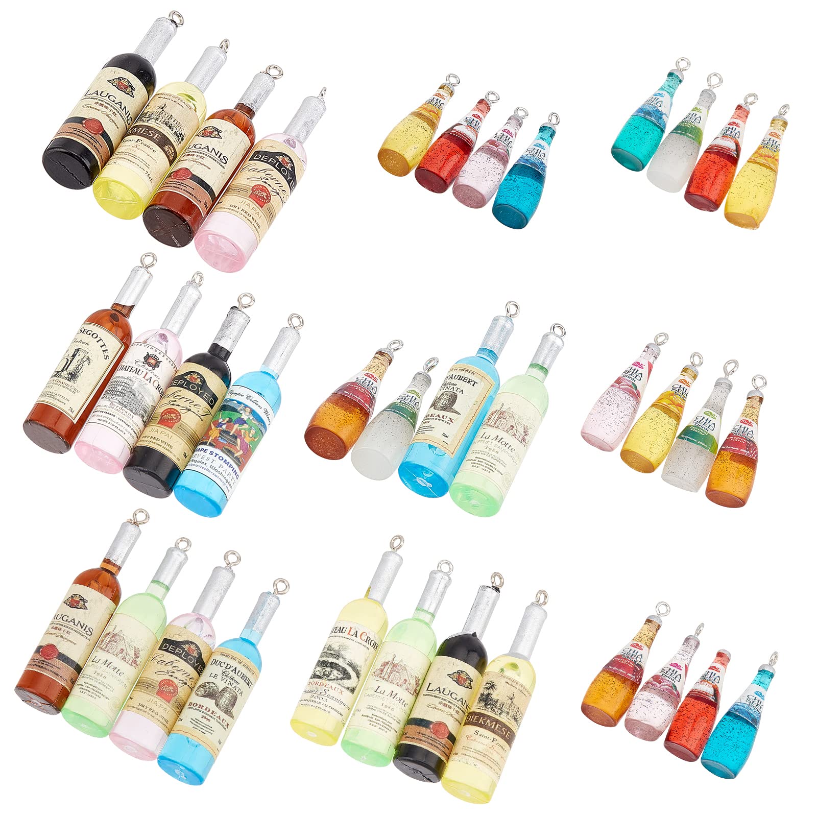 SUNNYCLUE 24Pcs 12 Style Wine Bottle Label Random Charms Resin Pendants with Loop Earring Necklace Keychain for Starter DIY Jewellery Making Accessories