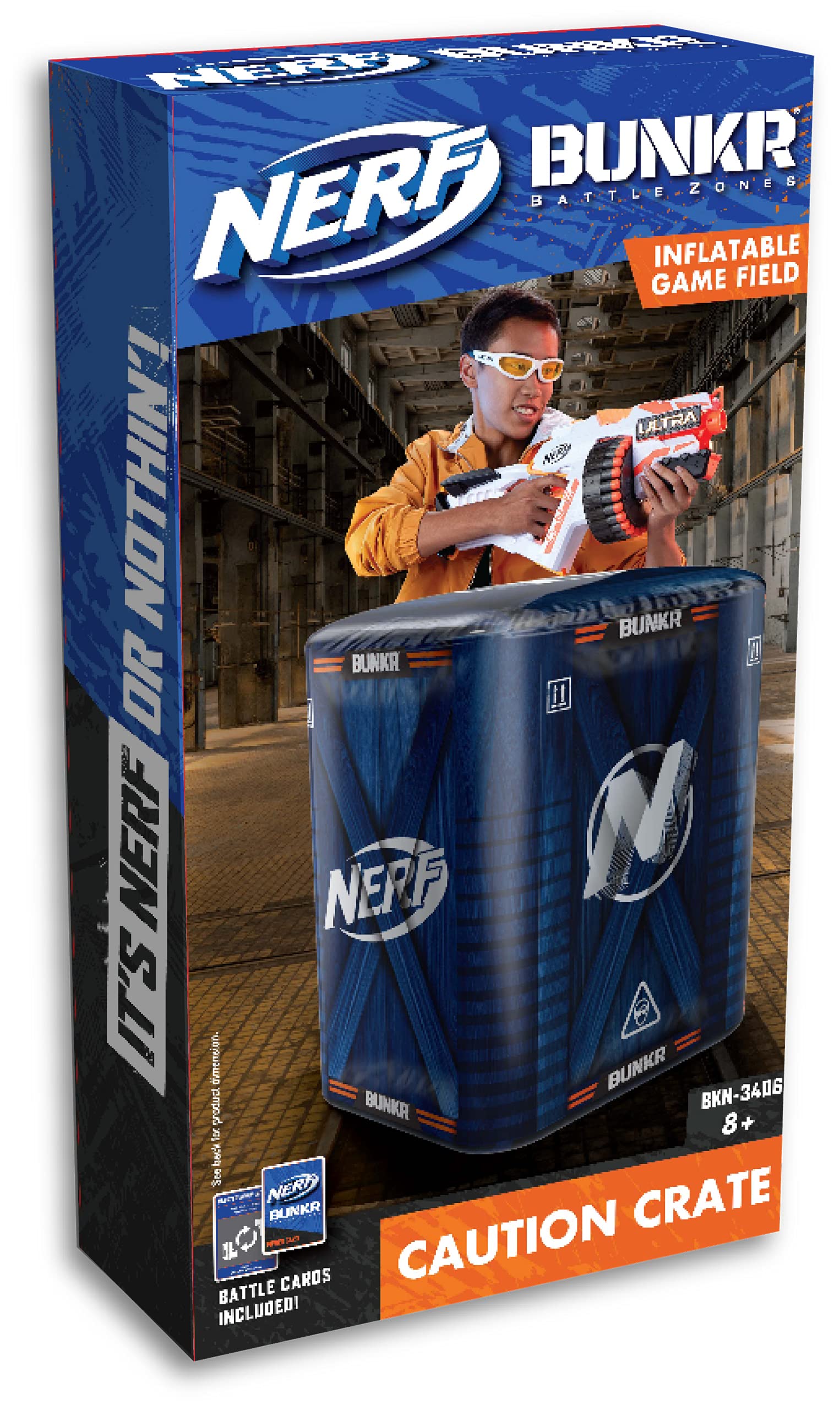 Nerf Bunkr Take Cover Caution Crate - Inflatable Obstacle For Use With All Indoor & Outdoor Battle Zones Game Fields - Features Stability System, 3-Way Valves, Battle Cards, 8+ Years
