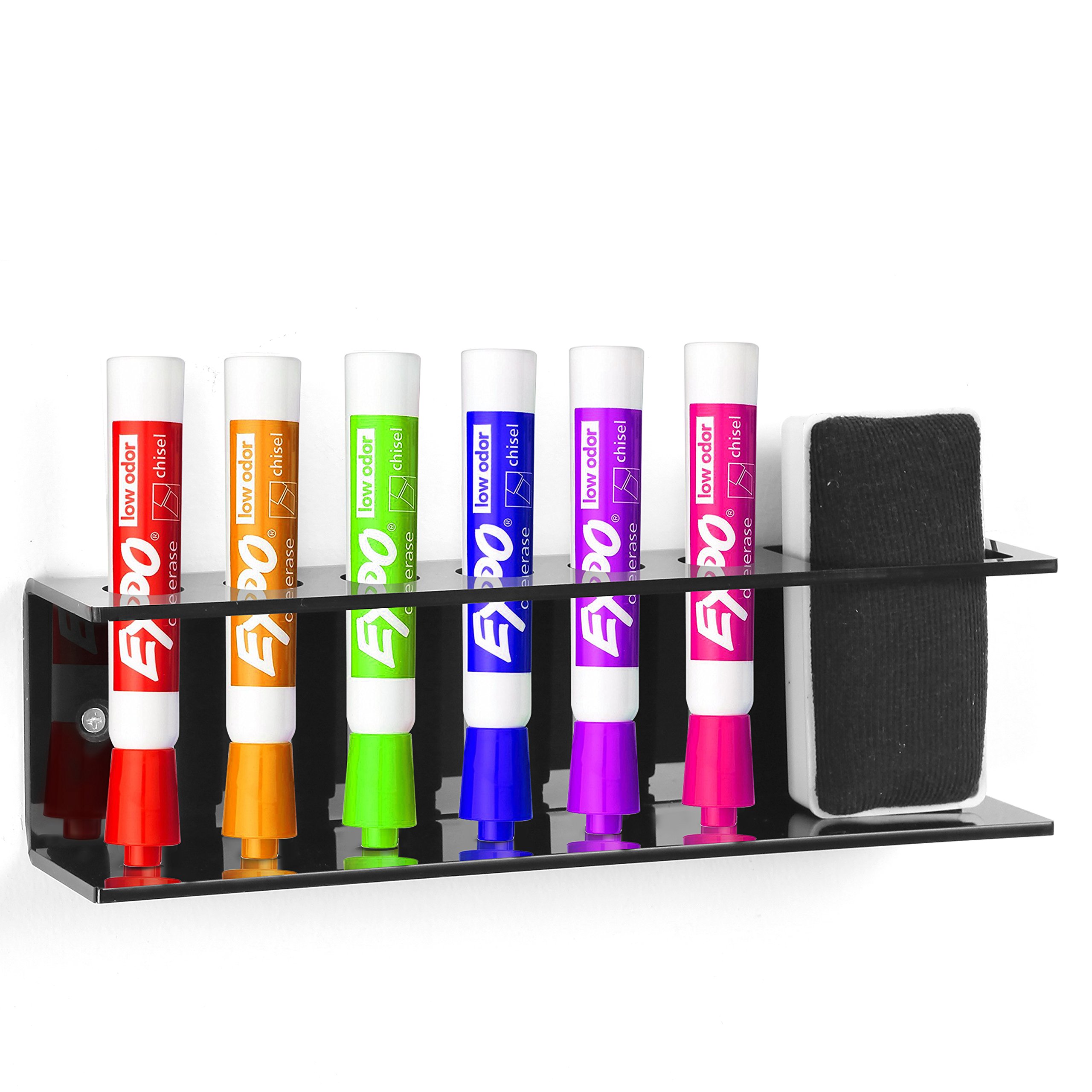 Black Acrylic Wall Mountable 6 Slot Dry Erase Marker & Eraser Holder
