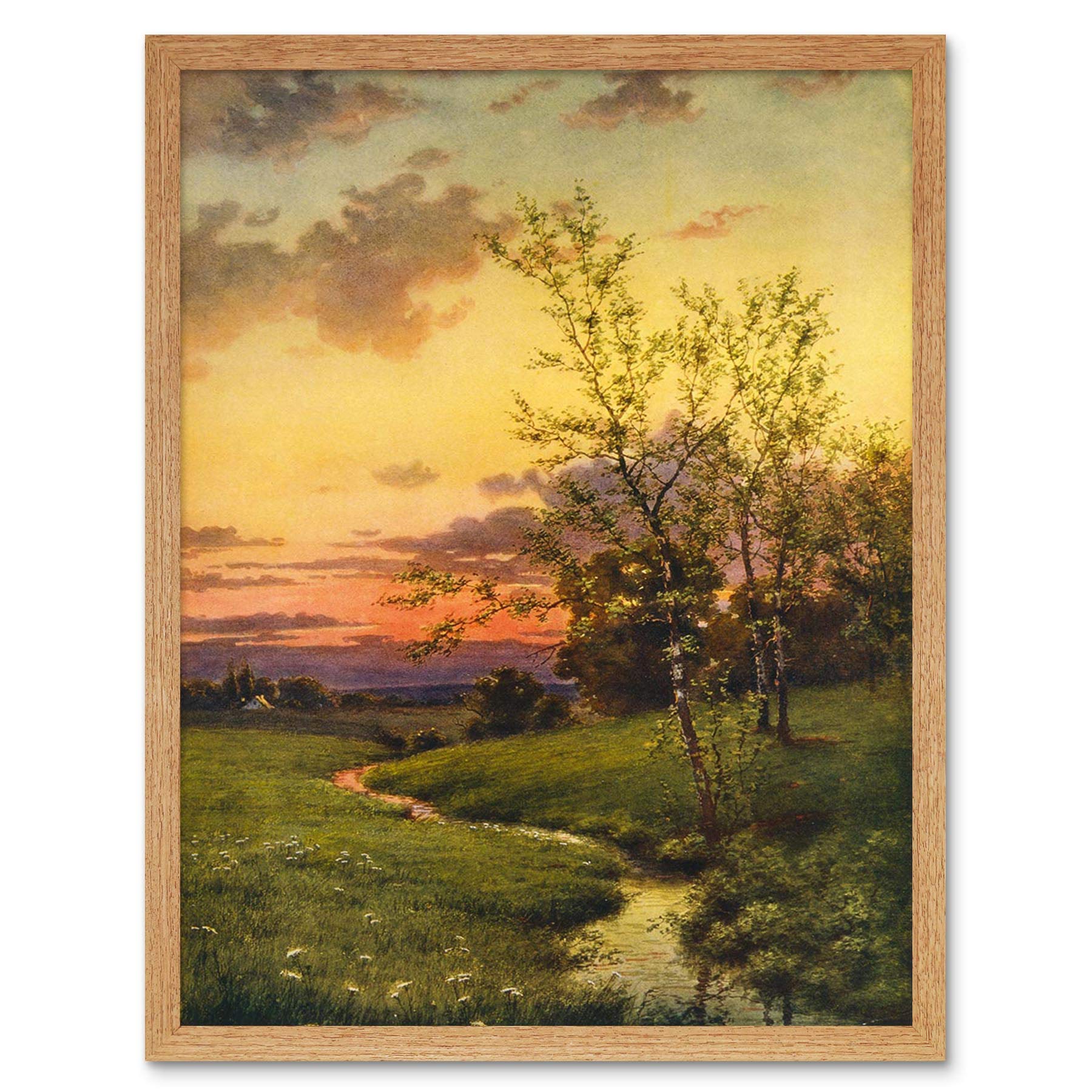 Wee Blue Coo Paintings Landscape Sunset Countryside Tree Art Print Framed Poster Wall Decor 12X16 Inch