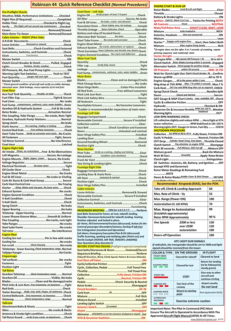 Robinson R44 Quick Reference Checklist - Reference Checklist for Pilots, Flight Training, Pilot Training and Aviation Enthusiasts - A4 Size - Laminated