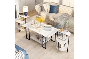 Lamerge Coffee Table Set of 3,Rectangle Coffee Table&2 Accent Table,Faux Marble Tabletop,3 Piece Living Room Table Sets with Multi Tier Storage, for Small Space, Apartment,White & Black