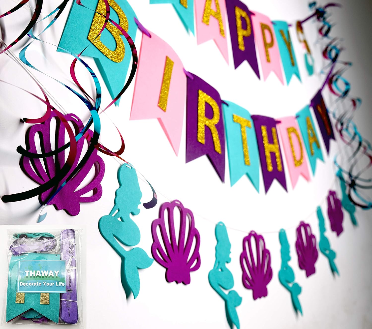 THAWAY Mermaid Party Supplies Birthday Decorations , Happy Birthday Banners , Pom Poms Flowers, Hanging Swirl, Balloons for Girl's Birthday Party and Baby Shower Party Decorations: Toys & Games