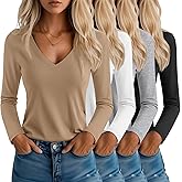 Neer 4 Pack Women's T-Shirts V Neck Long Sleeve Casual Tops Loose Fit Basic Layering Shirts Straight Hem Plain Soft Tees