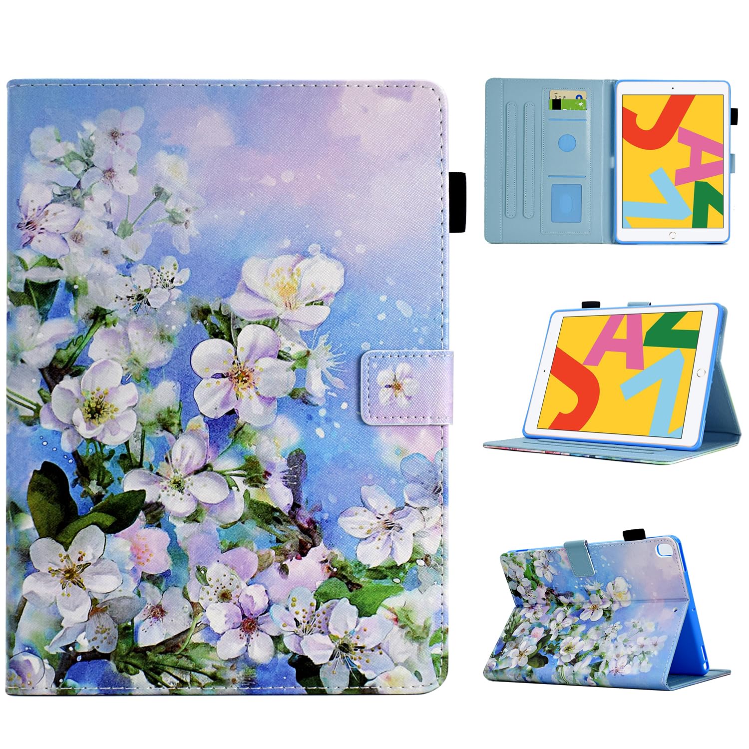 BYCeKe Case for iPad 9th / 8th / 7th Generation 10.2 Inch iPad Case (2021/2020/2019 Model, iPad 9/8/7), Slim Leather Stand Cover with Pencil Holder, Auto Wake/Sleep for iPad Air 3 Cover, White Flower