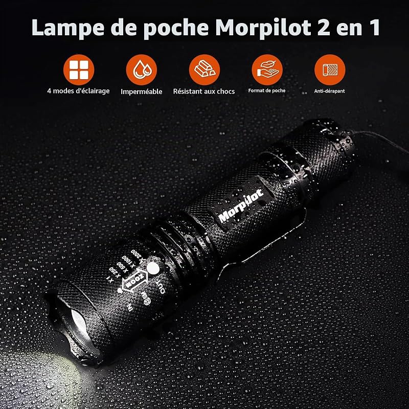 Lampe Torche 2 EN 1, Torche UV 395nm & 500LM LED Puissante, 4 Modes & Zoomable Lampe de Wood Ultraviolet, Détecteur d'Urine, 1pcs