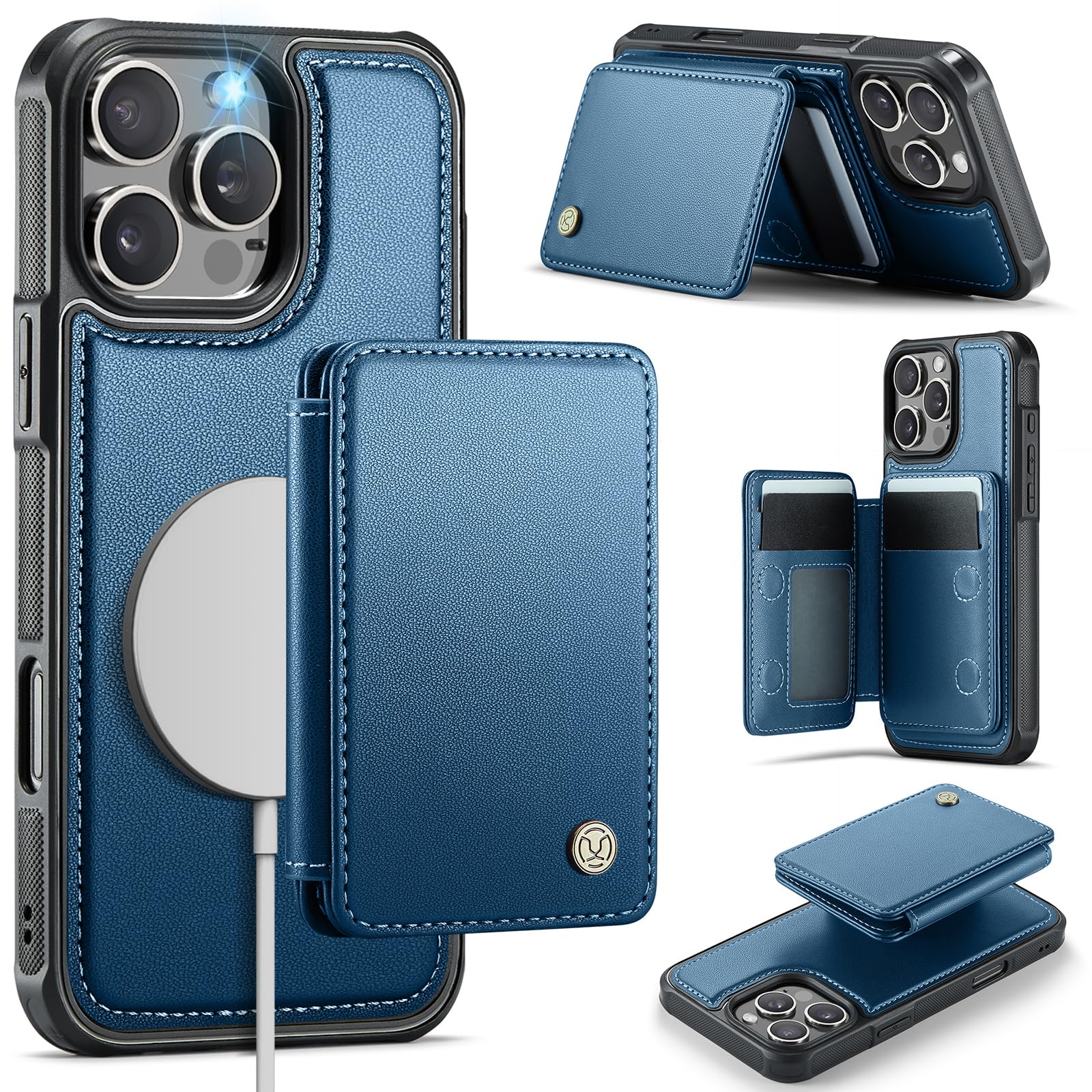 Photo 1 of Usroom Compatible with Magsafe for iPhone 16 Pro Wallet Case Magnetic Card Holder, RFID Blocking 2 in 1 Detachable Kickstand Shockproof Case for Women Men, Blue