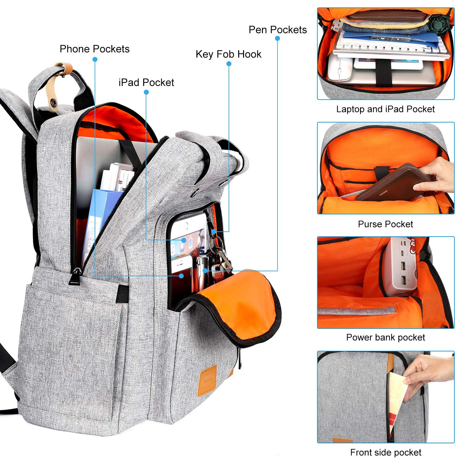 Computer Backpacks for Laptops 15.6 Inch, Padded Travel Laptop Backpack for Women Men, Water Resistant Large Capacity Daypack Bookbag Rucksack for College High School Student Work Business Bag- Grey