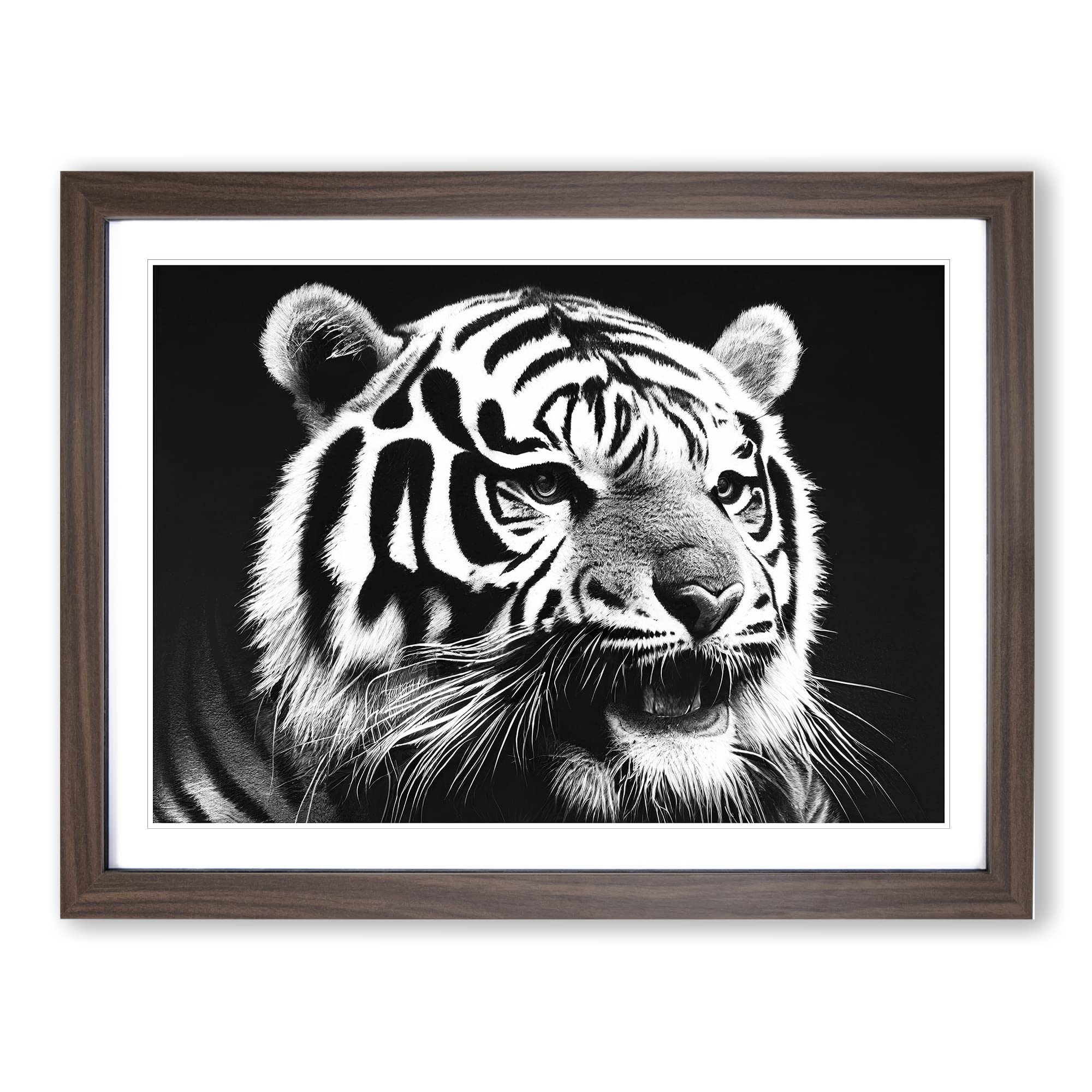 Monochrome Tiger Vol.1 Framed Print | A4 Walnut Framed Wall Art | Ready to Hang | Modern Animal Picture | Living Room Bedroom Lounge Office