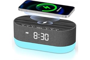 HOUSBAY Sound Machine with Alarm Clock for Bedrooms, Dual Speakers, 21 HiFi Sounds, 10W Wireless Charger, Unlimited Sound, Bluetooth, 10 Night Light, White Noise Machine for Sleeping, Black