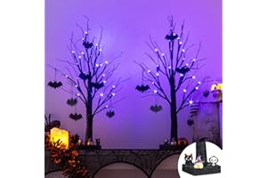 Vanthylit 2 Pack Halloween Tree, 2FT Spooky Black Tree Battery Operated with 24 Purple Lights and 8 Bats, Halloween Decorations Indoor Table Centerpiece with Timer for Mantel Office Haliday Decor