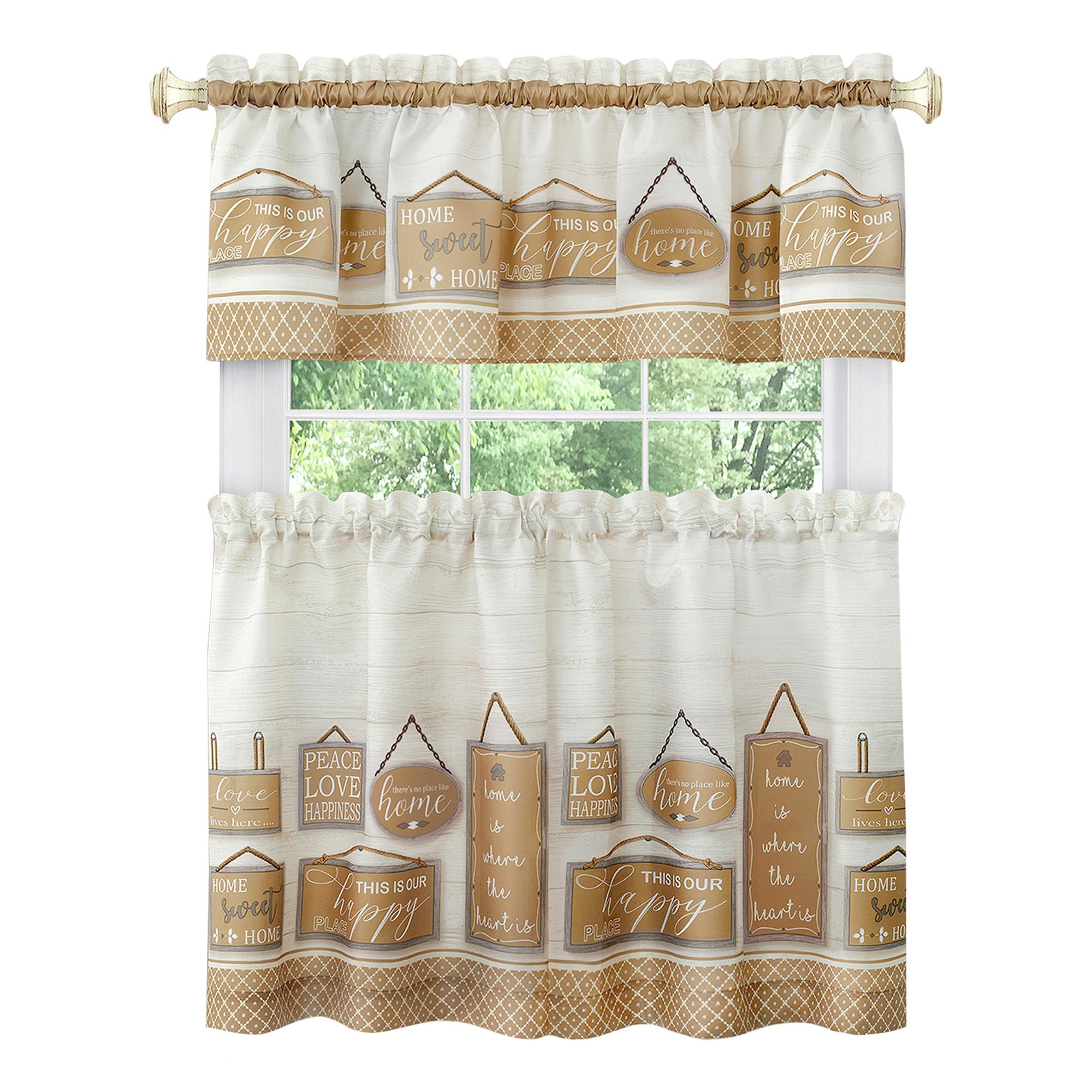 Achim Home Furnishings Modern Farmhouse Tier and Valance Window Curtain Set, 58" x 24", Tan
