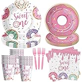 Xigejob Donut Sweet One Birthday Plates And Napkins Party Decorations Tableware Girls - Pink Donut 1st Birthday Party Supplies, Paper Plate, Cup, Napkin, Disposable Fork | Serves 24