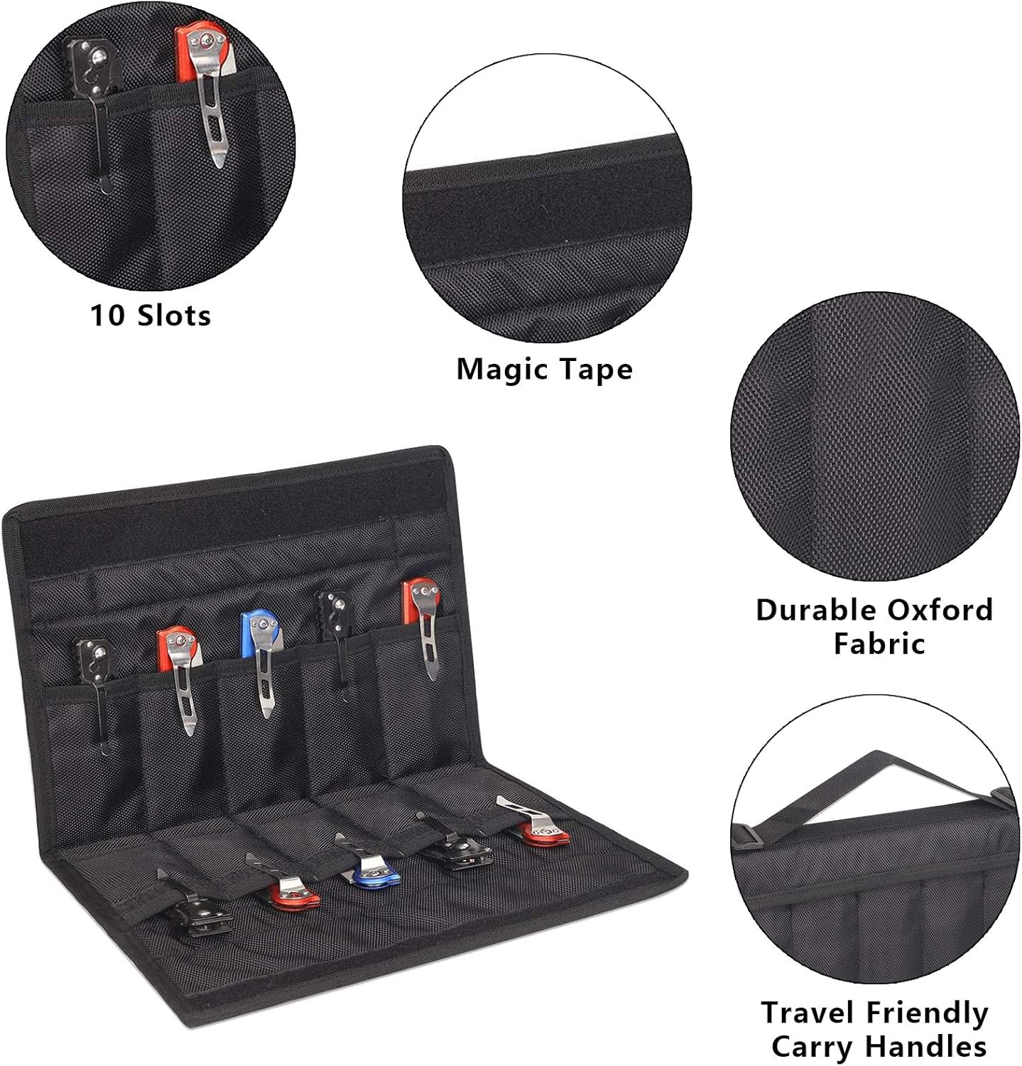 Pocket Knife Roll, Durable Folding Knife Storage Case, Small Knife Holder Carrier Organizer With 10 Slots, Heavy Duty Oxford Fabric, Magic Tape Closure, Travel Friendly Carry Handles Design (Black): Kitchen & Dining