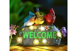 GOODECO Solar Birds Welcome Sign - Outdoor Bird Decor with Solar LED Lights - Elegant and Charming Figurines for Women, Moms & Garden Enthusiasts