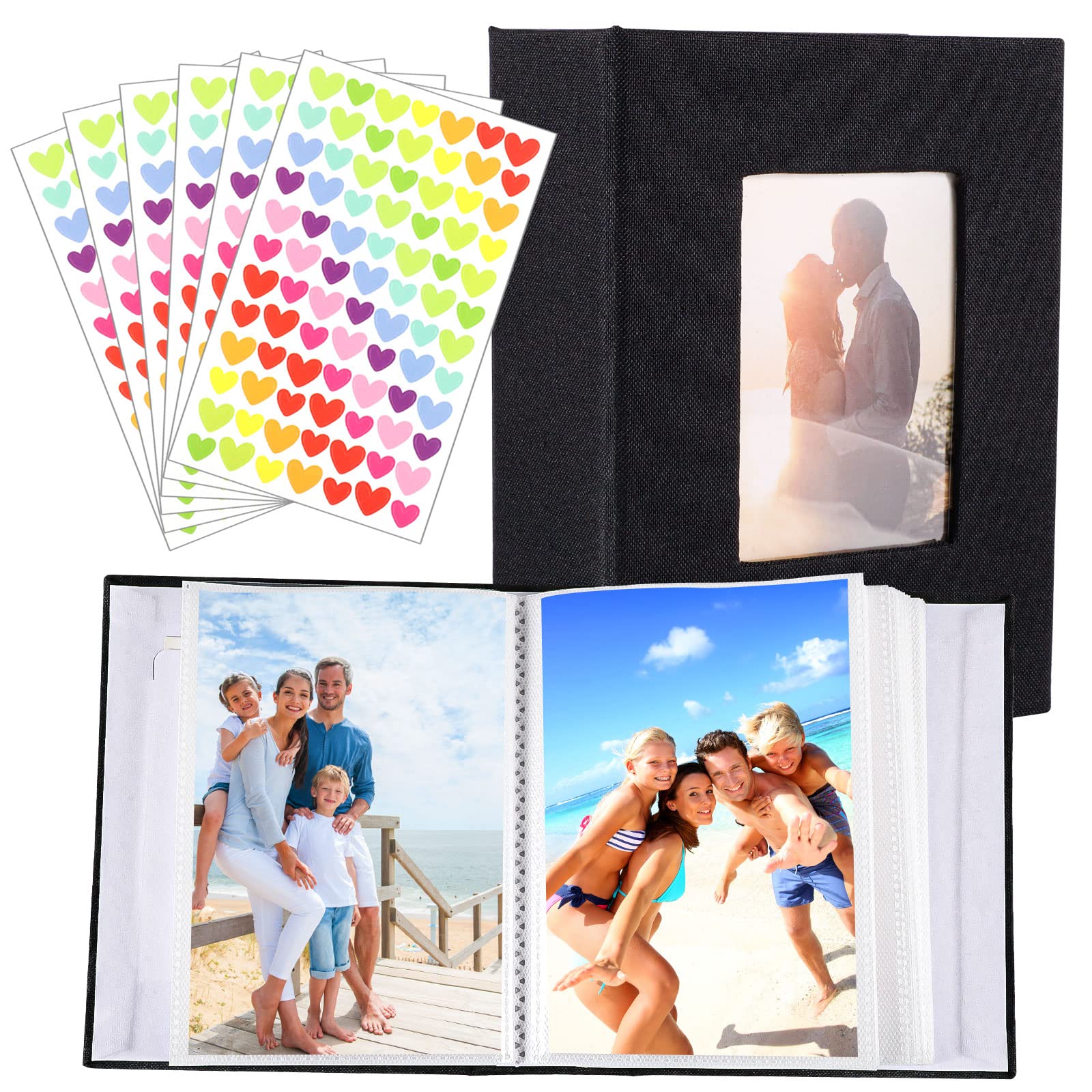 Photo Albums,Black 6x4 Photo Book 80 Photos Pockets Cloth Cover photos Album Slip In Albums 4x6 Photo Slot with Love sticker for Artwork or Postcards Storage