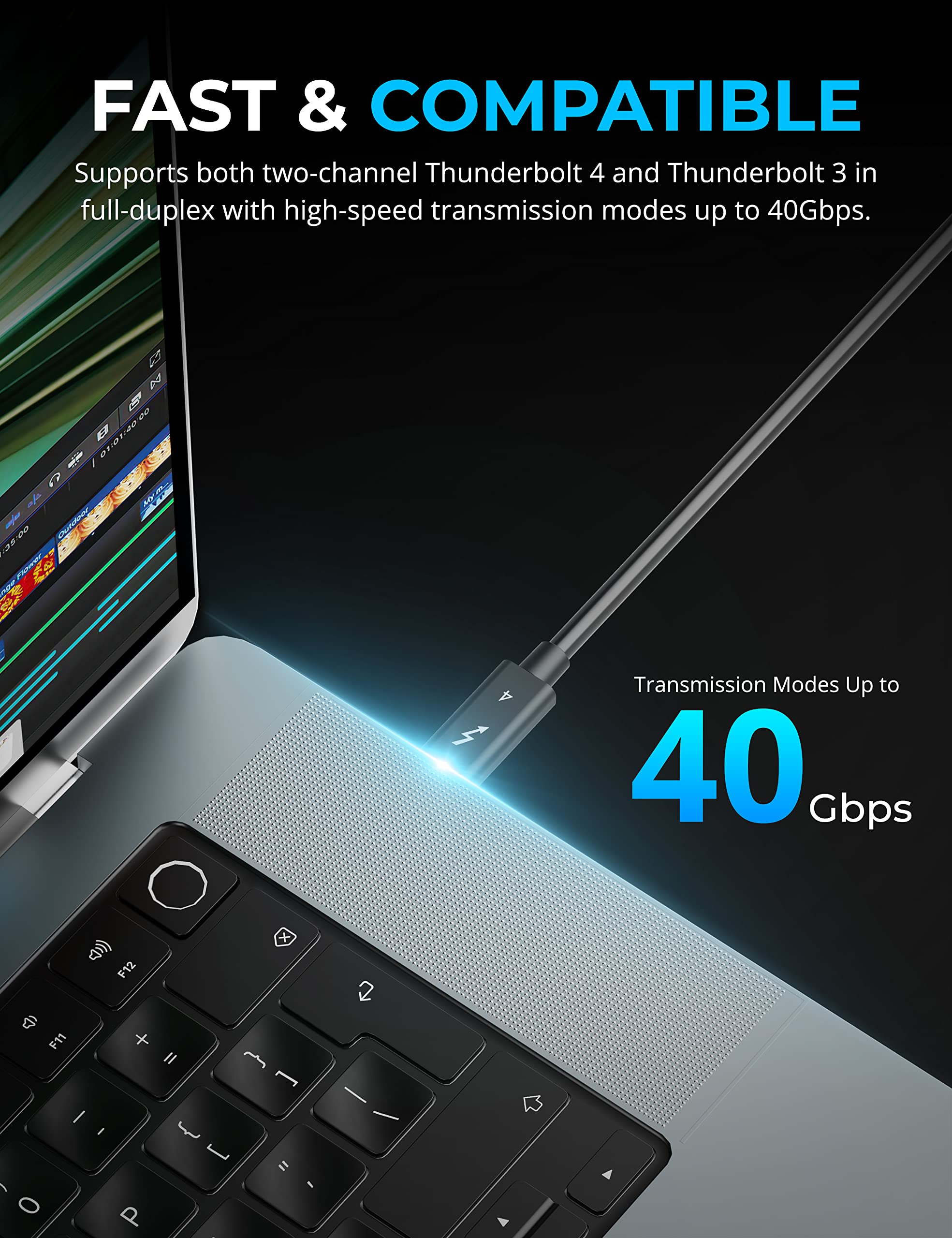 SABRENT Certified Thunderbolt 4 Cable, 2M (6.5ft) – 100W Power Delivery, 8K DisplayPort 1.4, 40Gbps Data Transfer, USB 4/3 Compatible, E-Marker Chip for MacBook, iPad, and Windows Devices (CB-T4M2)