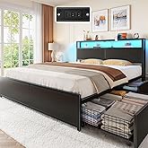Rolanstar Full Size Bed Frame with 4 Storage Drawers, Charging Station and LED Lights, Metal Platform Bed with 2-Tier Storage Headboard, No Box Spring Needed, Easy Assembly, Noise-Free, Black