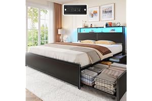 Rolanstar Queen Bed Frame with 4 Storage Drawers, Charging Station and LED Lights, Metal Platform Bed with 2-Tier Storage Headboard, No Box Spring Needed, Easy Assembly, Noise-Free, Black