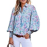 Astylish Women Loose V-Neck Shirts Paisley Print Lantern Sleeve Blouse Boho Tops