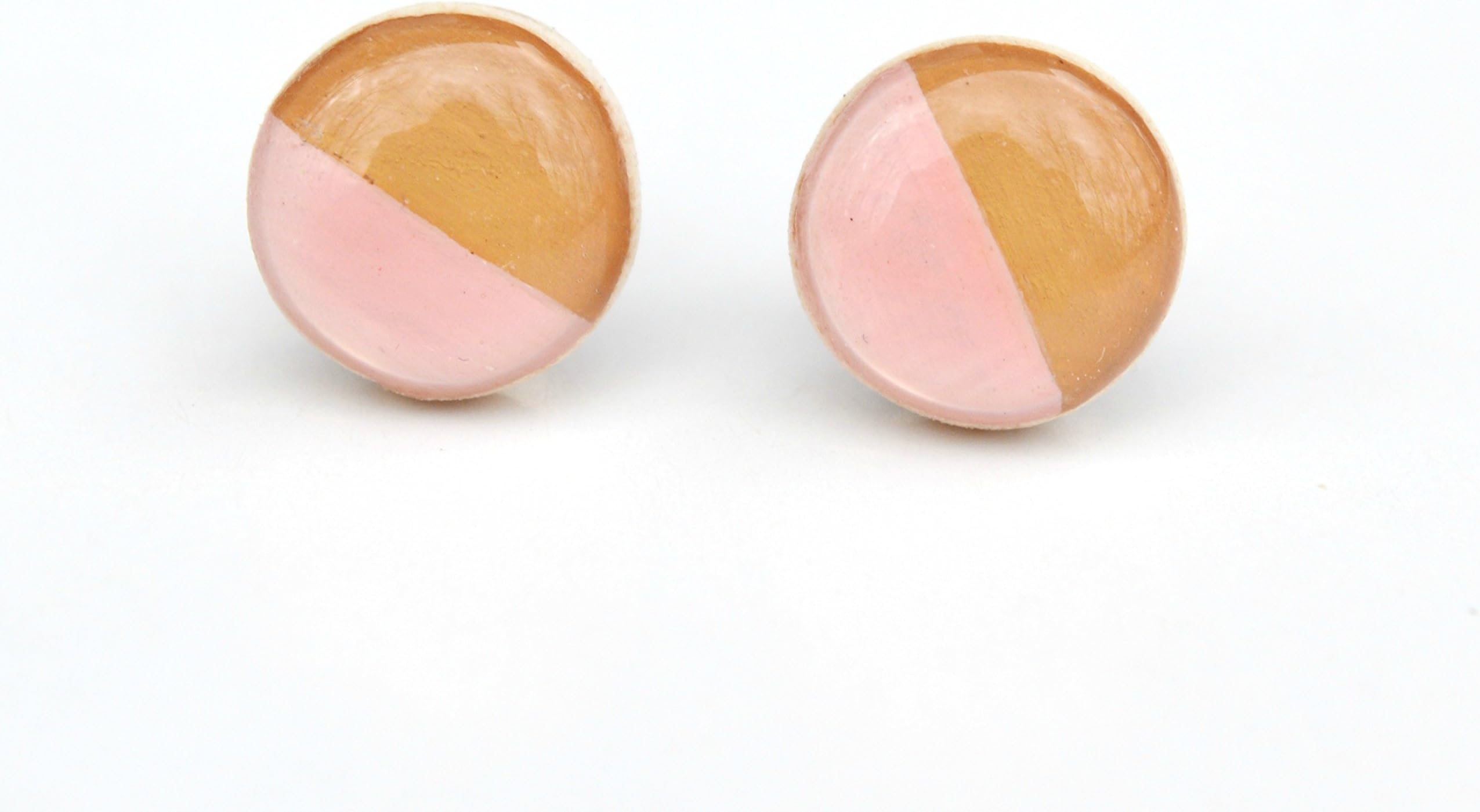 Pink and camel stud earrings. Two tone color block wood post earrings by Starlight Woods.