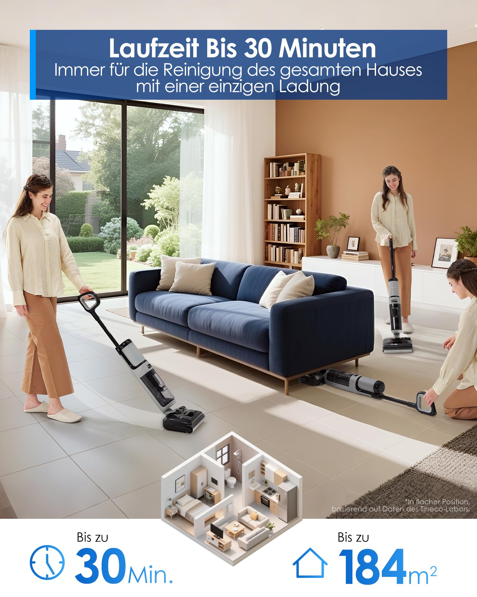 Tineco FLOOR ONE i5 Stretch Nass Trockensauger, 2‑in‑1 Saugen & Wischen, 180° Lay-Flat Waschsauger, 20kPa Saugkraft, Beidseitige Kantenreinigung, 30 Min Laufzeit, Anti-Tangle staubsauger für Tierhaare 8