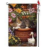 Lorugekyu Spring Tabby Cat & Duck Garden Flag Spring Summer Floral Flower Small Flag for Outside Burlap Double Sided Farmland Welcome Yard Lawn Winter Decor 12.5x18"
