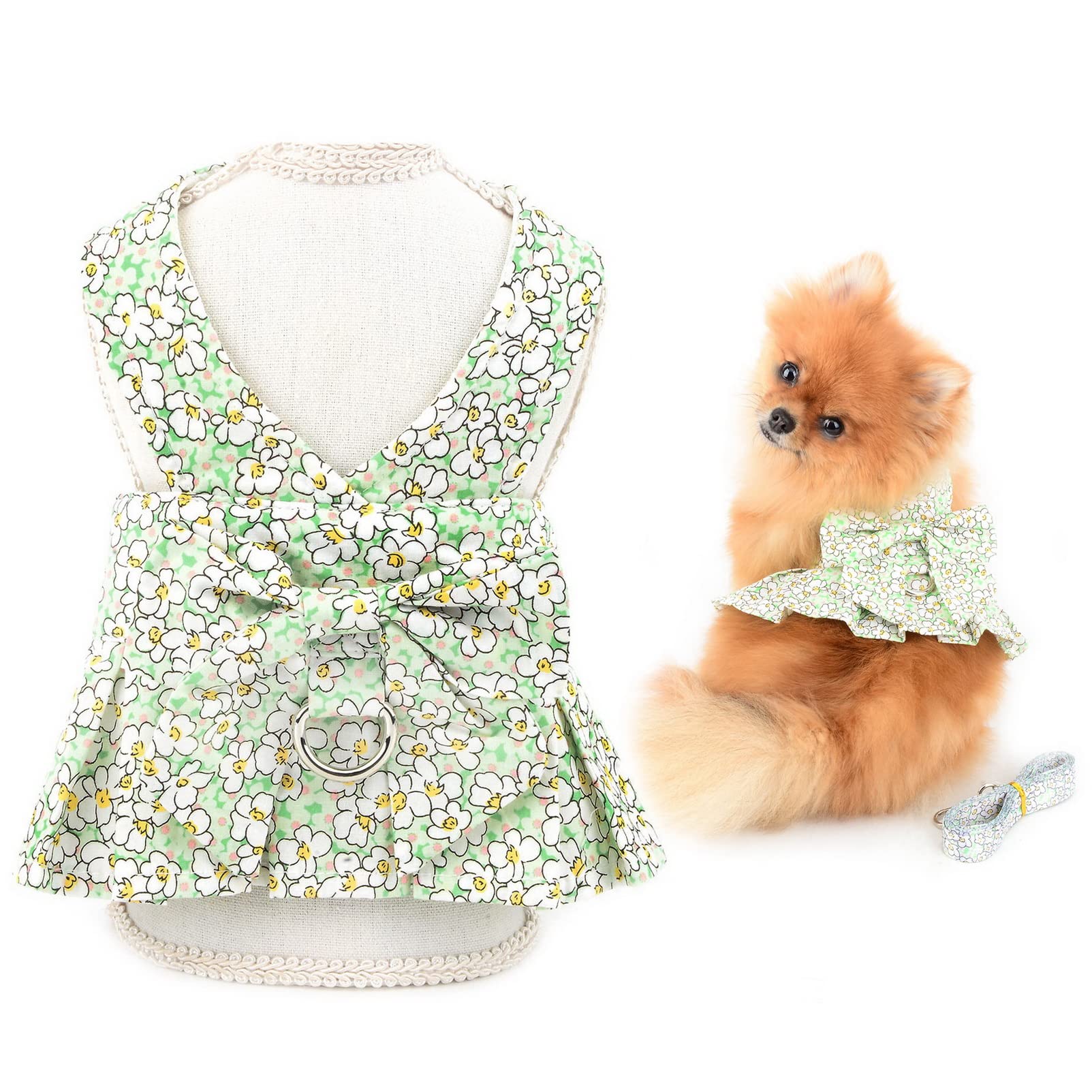 SMALLLEE_LUCKY_STORE Dog Floral Harness Dress with Leash Set,Puppy Bow Princess Dress for Small Medium Dog Cat Girls Adjustable Puppy Skirt with D-ring Female Dog Clothes Summer Pet Apparel,Green,L